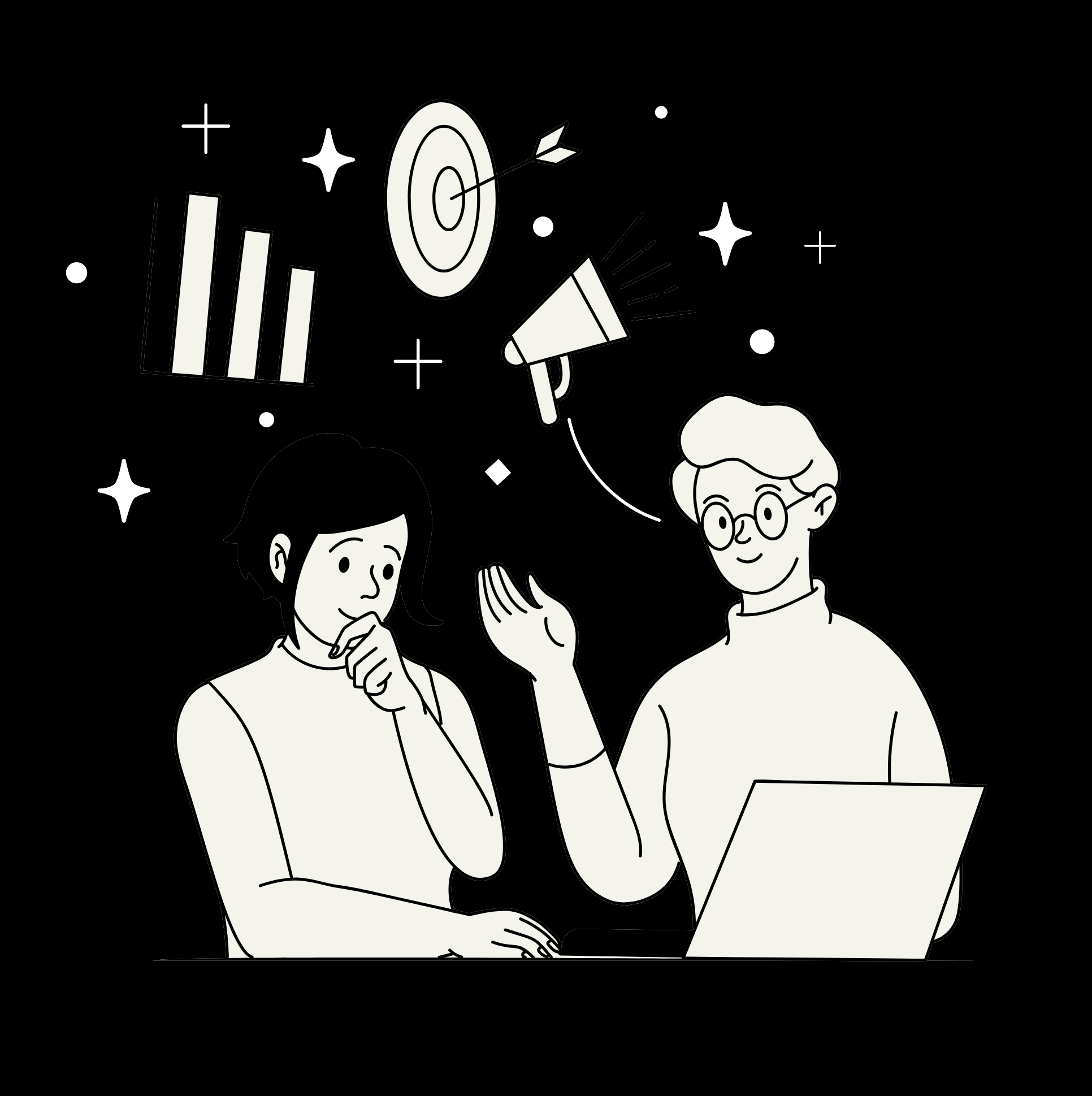 Two collaborators discussing growth strategy around a laptop
